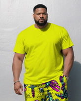 Men's Plus Size Fluorescent Yellow Solid Color Top With Graffiti Pants Round Neck Short Sleeve T-Shirt Shorts Suit